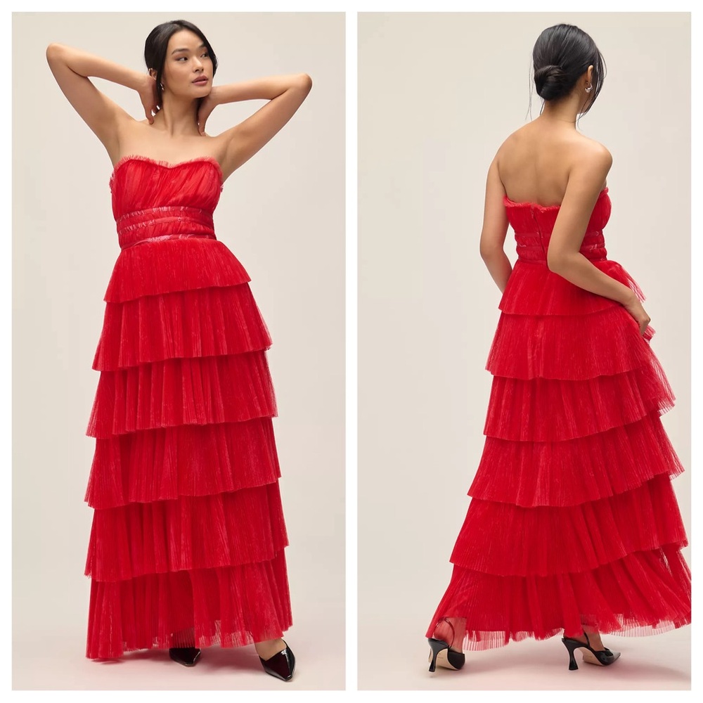NEW Anthropologie Hutch Evie Strapless Tiered Tulle Maxi Dress Red NWT